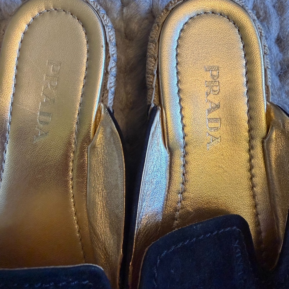 Prada Black Suede Loafers with Gold Leather Insole